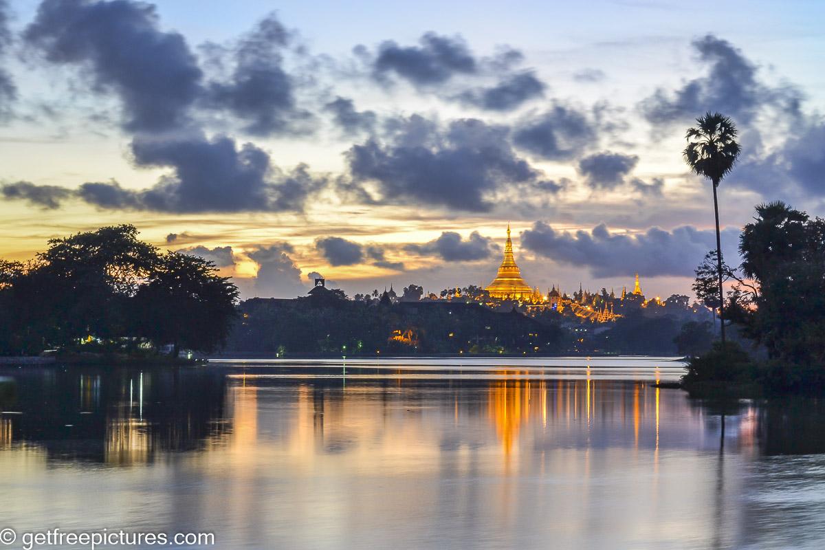 Shwedagon at sunset over Kandawgyi Lake